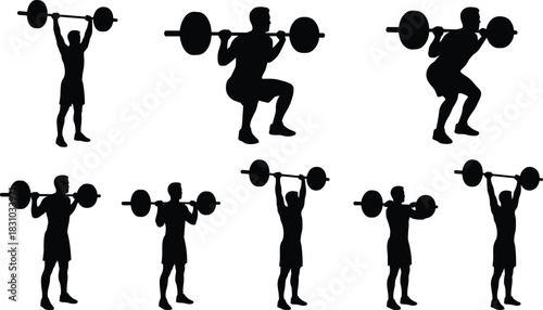 Dynamic Weightlifting Silhouette Set Man Doing Squats, Overhead Press, and Clean and Jerk Exercises, Fitness Vector Illustration, Isolated White.