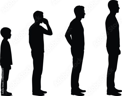 Four Male Silhouettes Illustrating Human Life Cycle and Growth Stages from Boyhood to Adult Man, Isolated on White Background for Age Progression and Development Concept.