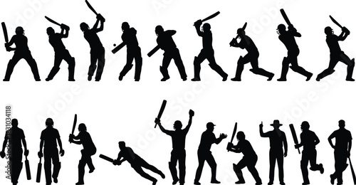 Large Cricket Player Silhouette Collection Diverse Batsmen, Fielders, and Bowlers in Action Poses, Sports Vector Set, White Background.