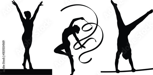 Rhythmic Gymnastics and Acrobatics Silhouette Set Female Athlete with Ribbon, Handstand, and Balance Beam Poses, Sports Vector Illustration.