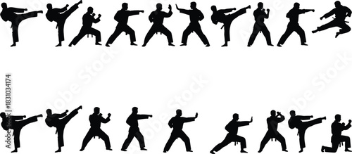 Martial Arts Karate Taekwondo Silhouette Collection Dynamic Kicks, Punches, and Defense Poses, Combat Training Vector Illustration, White Background.