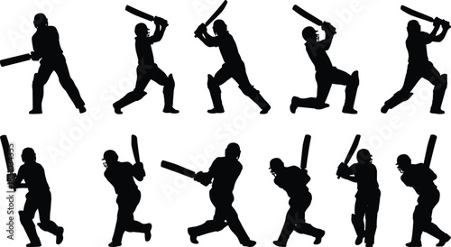 Set of Ten Cricket Batsman Silhouettes Isolated on White, Depicting Various Action Shots and Batting Strokes for Sports, Game, and Competition Design.