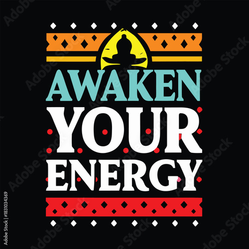 Silhouetted meditating person sits peacefully above expressive text with colorful decorative borders on black background