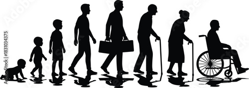 Seven Silhouettes Illustrating the Human Life Cycle Stages from Baby and Child to Working Adult, Elderly Person, and Senior in a Wheelchair, on White Background.