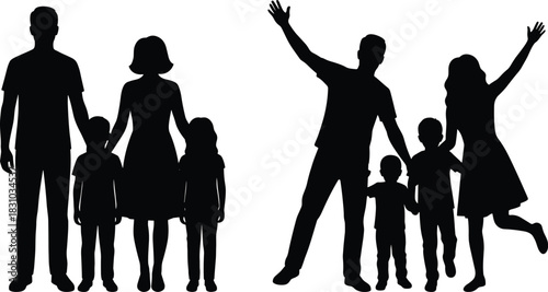 Two Sets of Family Silhouettes Isolated on White, Showing Parents and Children Standing Together and Happily Waving, Representing Unity, Love, and Kinship Concepts.