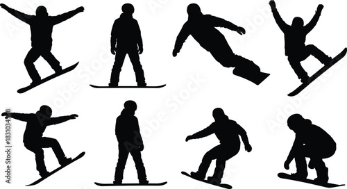 Snowboarder Silhouette Collection Dynamic Jumps, Shredding, and Riding Poses, Winter Extreme Sports Vector Illustration, Isolated White Background.