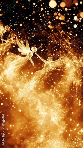 An artistic depiction of glowing fairies dancing in a celestial space, surrounded by sparkling lights and a warm, ethereal glow.