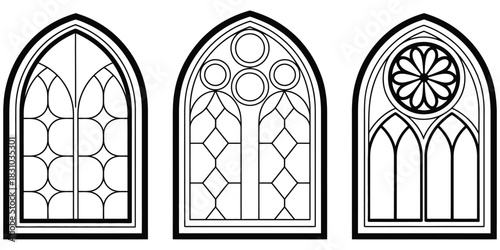 Three gothic arch windows with detailed stained glass patterns in black and white, vector illustration showcasing medieval architectural style, intricate decorative motifs, and ornate design elements,