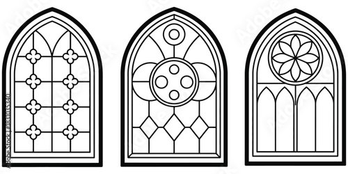 Three gothic arch windows with detailed stained glass patterns in black and white, vector illustration capturing medieval architectural style, ornate design elements, and intricate decorative motifs, 