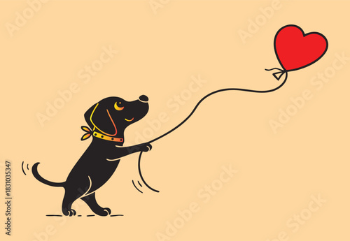 Playful black dog holding a heart-shaped balloon, a symbol of love and affection. Charming illustration for Valentine's Day, emphasizing joy and companionship