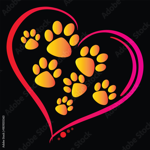 A vibrant heart shape with multiple paw prints inside, representing love and affection for pets, rendered in a gradient of warm colors on a black background