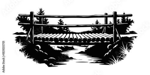 Rustic wooden bridge over a stream silhouette isolated on transparent background