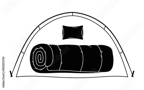 Tent interior with sleeping bag and pillow silhouette isolated on transparent background