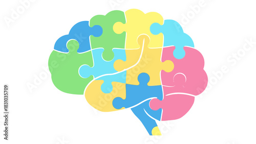 A brain made of colorful puzzle pieces on a white background
