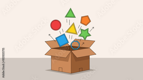 A cardboard box spills colorful geometric shapes into the air