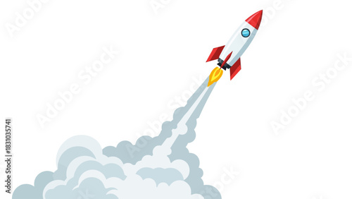 A cartoon rocket blasting off with a plume of smoke