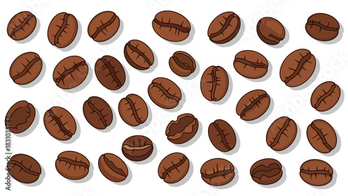 A collection of brown coffee beans scattered on a white background