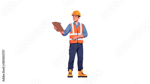 A construction worker in a hard hat and vest holds a clipboard