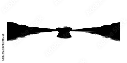 Silhouette of a lone elephant walking in a river isolated on transparent background