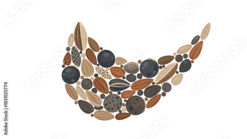 A crescent shape formed by various seeds and nuts on a white background