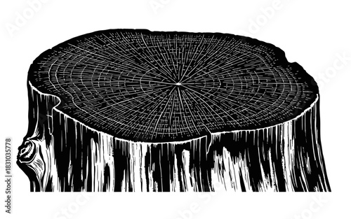 Black and white silhouette of a tree stump isolated on transparent background