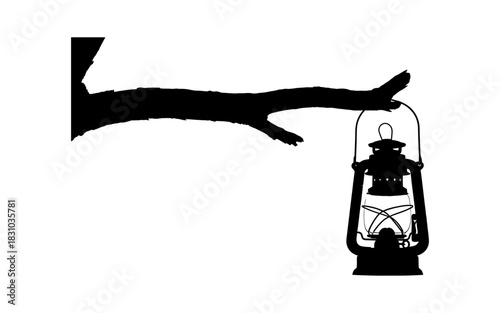 Silhouette of an old kerosene lantern hanging from a tree branch isolated on transparent background