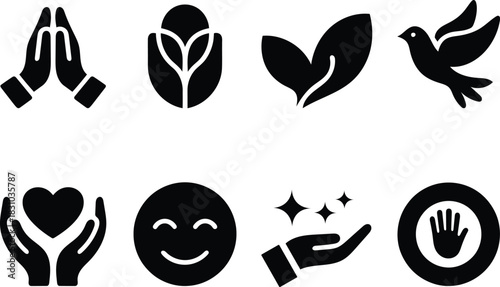 Collection of minimalist icons representing spirituality nature wellbeing and positive emotions