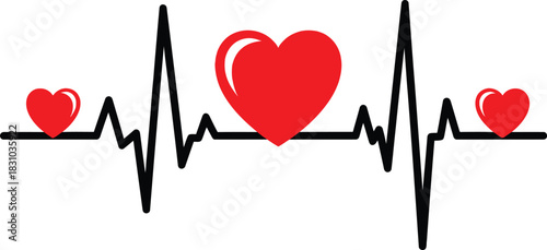 Electrocardiogram rhythm line with red hearts, health and love
