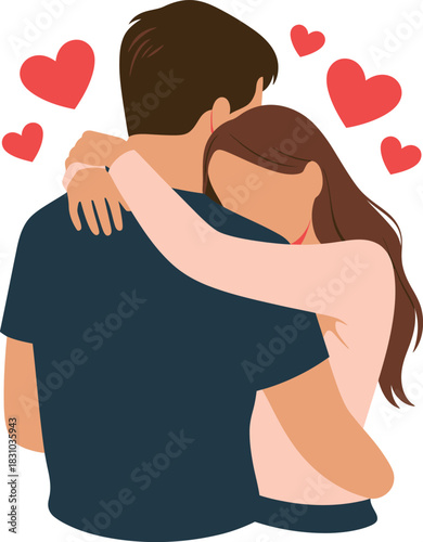 Romantic couple embracing with floating hearts expressing love