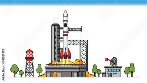 A rocket launch scene with a water tower and a satellite dish