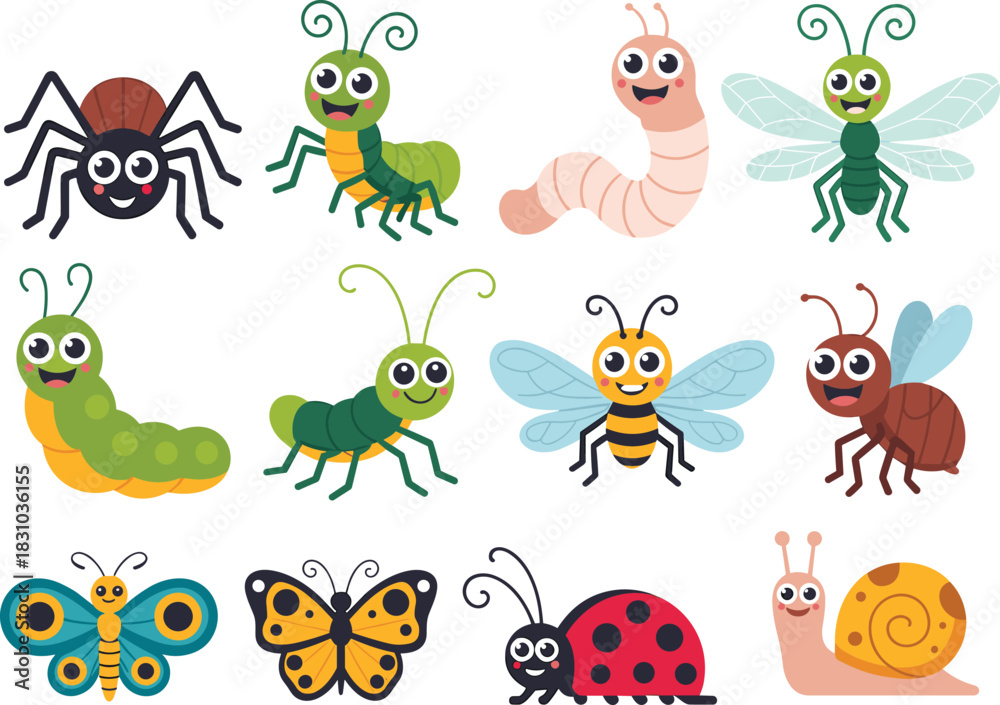 Naklejka premium Cartoon insects and small creatures with cheerful expressions, perfect for children’s education, playful design, or nature-themed content