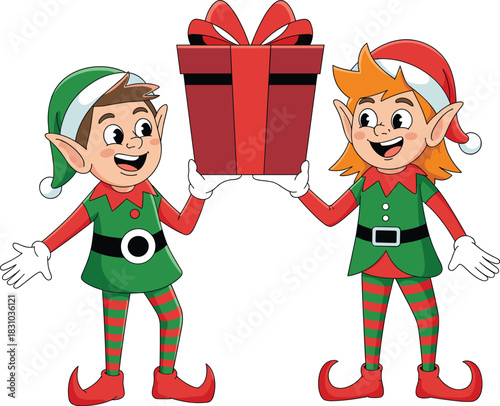 Cartoon elves holding red gift box together, smiling in festive outfits, perfect for Christmas design, holiday cards, or decorations