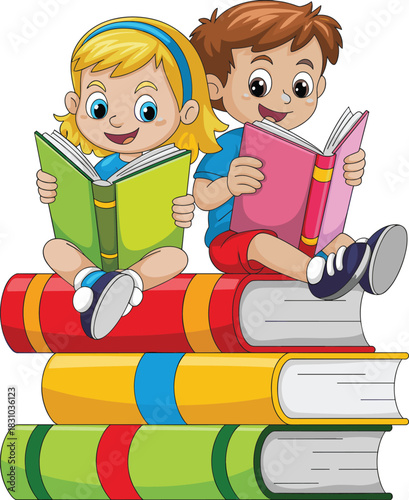 Cartoon children reading books while sitting on colorful stack, ideal for education, literacy campaigns, or school-themed design