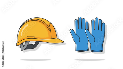A yellow hard hat and two blue gloves are displayed on a white background