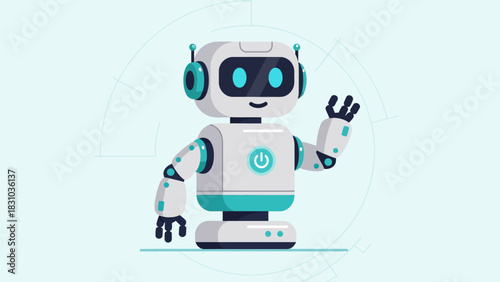 A white and teal robot with blue eyes and antennae waves