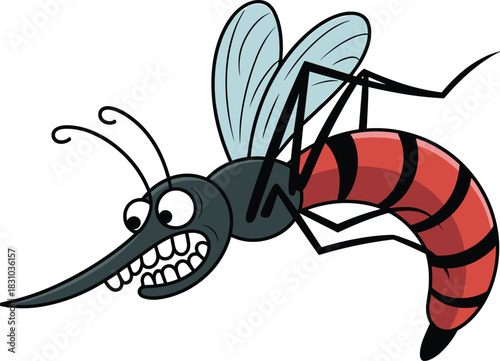 Cartoon mosquito with exaggerated features in mid-flight, ideal for educational content, health awareness, or insect-themed design