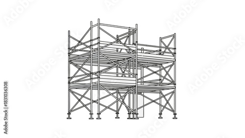 Black and white architectural drawing of multilevel scaffolding
