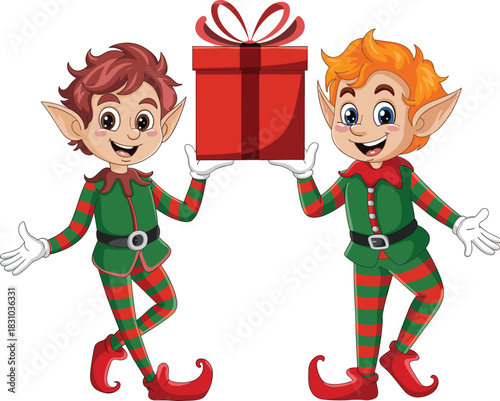 Cute Christmas elves holding a festive gift box, cheerful holiday characters in bright costumes celebrating winter season with joy and whimsy illustration