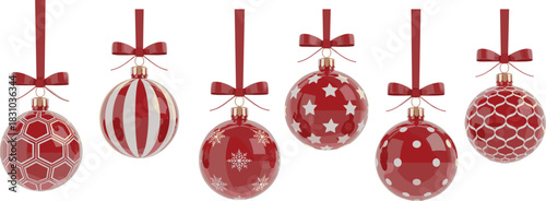 Elegant red Christmas ornaments hanging with ribbons and bows, festive decorative holiday balls with various patterns for seasonal design and celebration themes