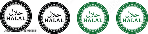 Halal Certification Logo Set – Arabic and English Circular Icons in Black and Green for Food Packaging, Branding, and Compliance