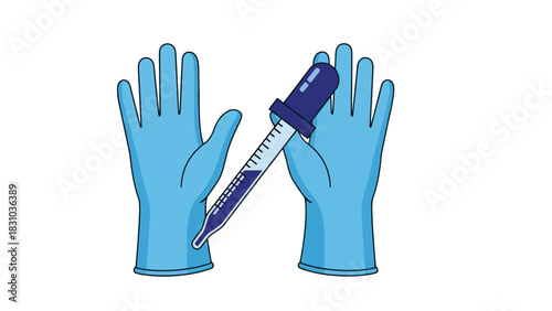 Blue gloves with a pipette filled with blue liquid