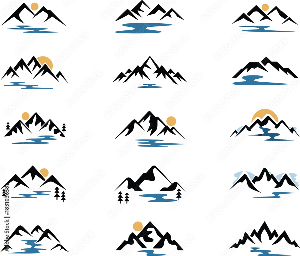 Naklejka premium Set of minimalist mountain landscape logo designs with sun and water elements, clean outdoor adventure symbols in modern vector illustration style
