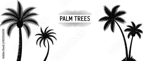 Palm tree silhouette set featuring tropical island scenery, tall curved palms, and decorative summer elements in black vector illustration.