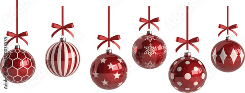 Red Christmas ornaments with unique white patterns hanging from ribbons, perfect for festive decoration, seasonal design, or holiday artwork