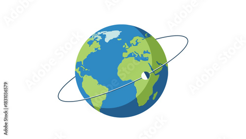 A stylized Earth with a blue orbital path