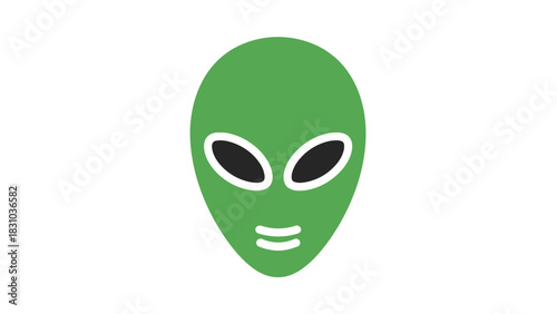 A stylized green alien head with large black eyes and a small mouth