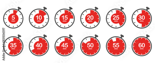 Set of timer and stopwatch icons, 5 min to 1 hour,  Red timer,  Countdown on white background. Vector