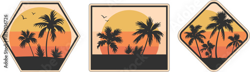Tropical palm tree silhouettes against a warm sunset background in decorative frame designs, ideal for beach graphics, summer artwork, and travel themes