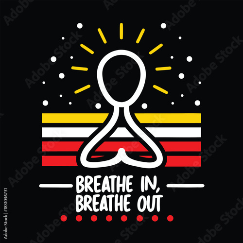 Abstract figure meditates amidst golden rays and colorful stripes against a black background