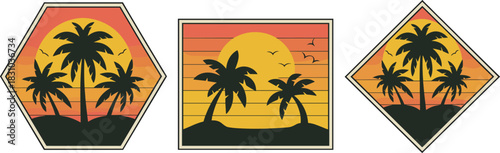 Tropical sunset landscape with palm tree silhouettes in vintage framed designs, perfect for beach artwork, travel graphics, summer illustrations, and outdoor themes